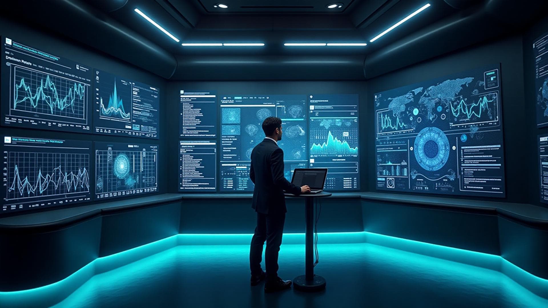 Futuristic AI command center with holographic displays