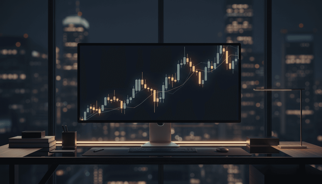 A sophisticated financial trading floor at night, deep navy with warm light