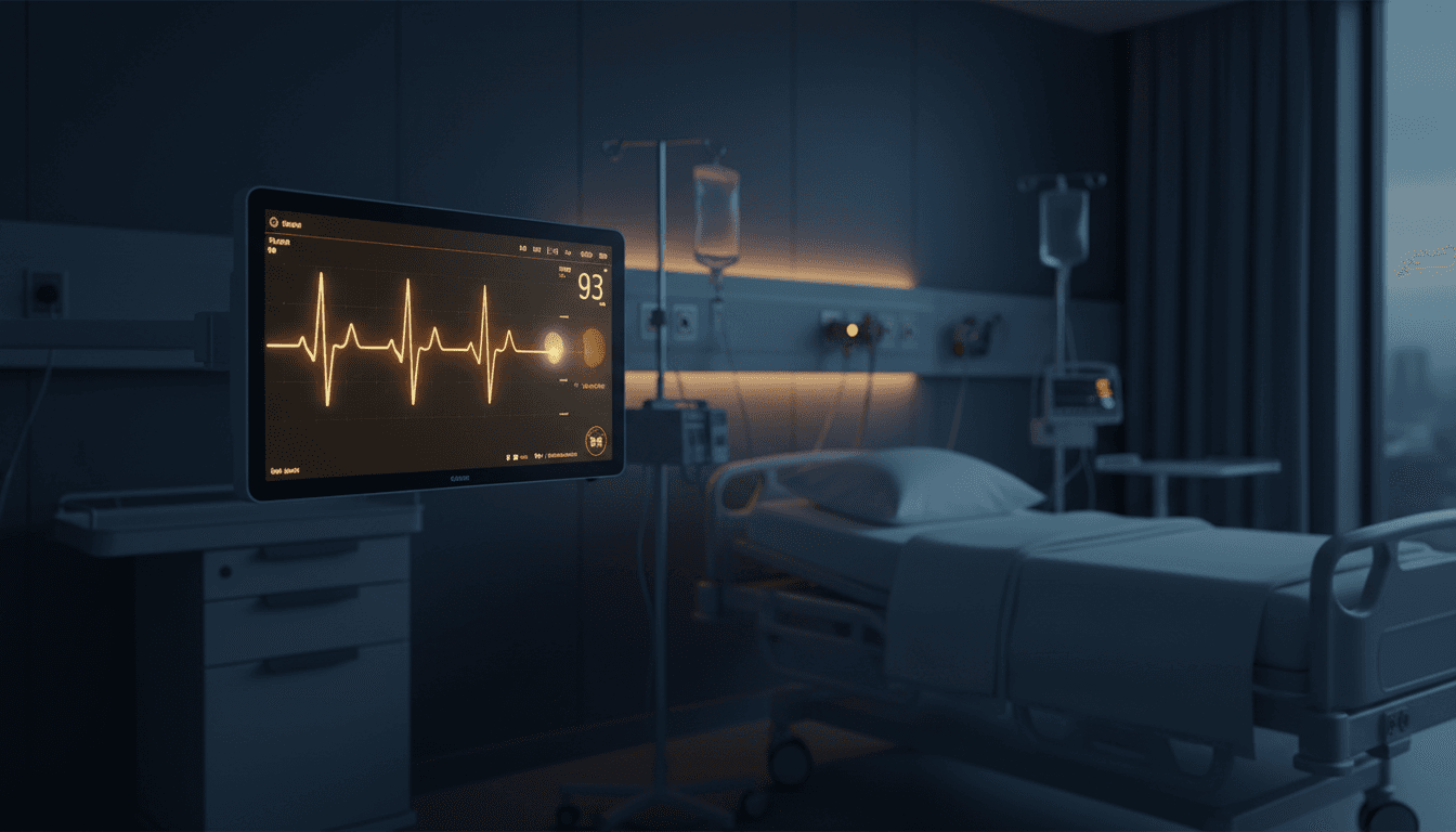 A premium modern hospital interior, deep navy with warm light